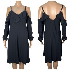 New A.L.C. Felicia Ruffled Black Cold Shoulder A-Line Crepe Dress